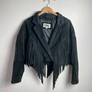 Vintage Fringe Suede Jacket Cropped Black Medium Western Boho Festival Rocker